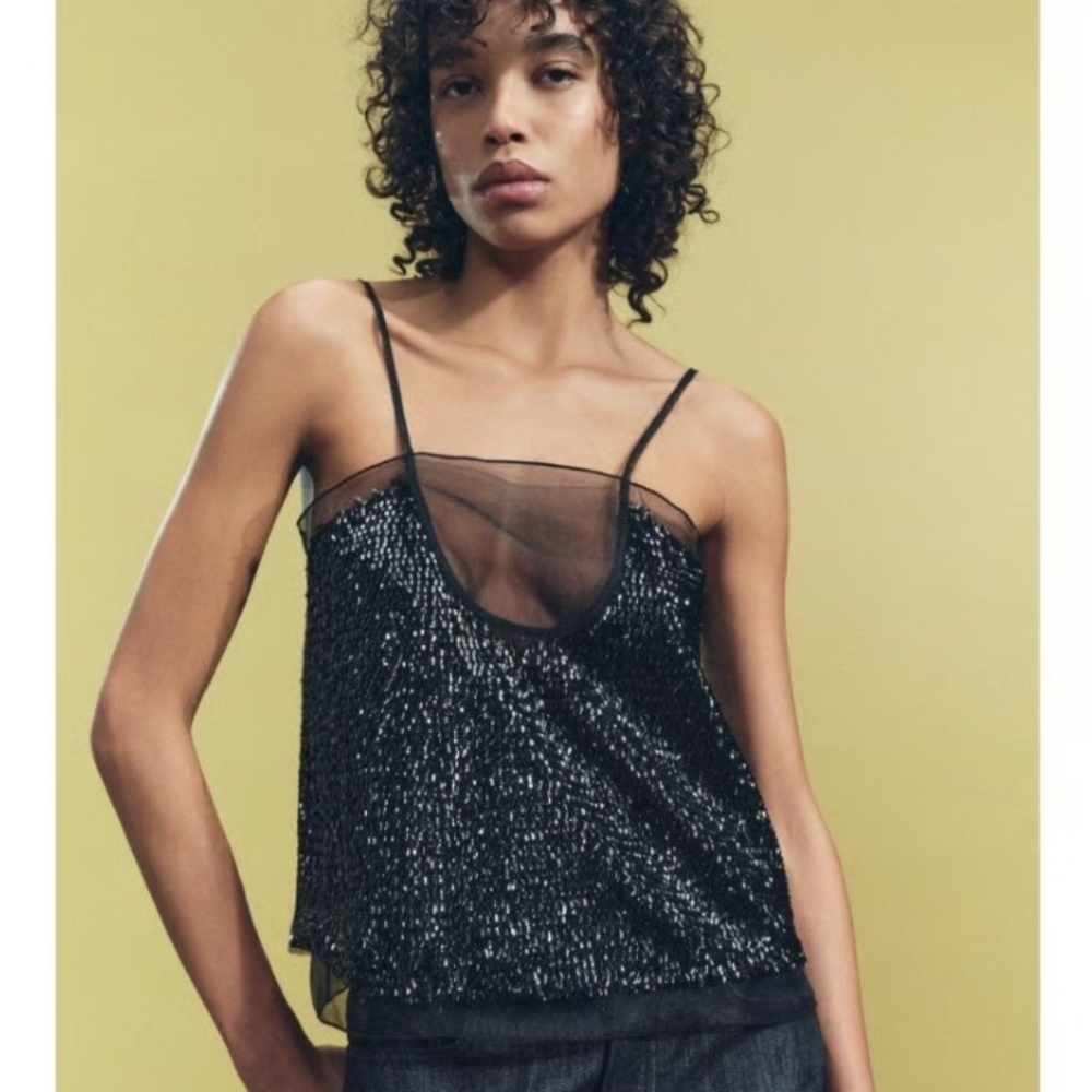 Black Zara Sequin Shiny Embellished Textured Layering Camisole Tank Top (NWT) M